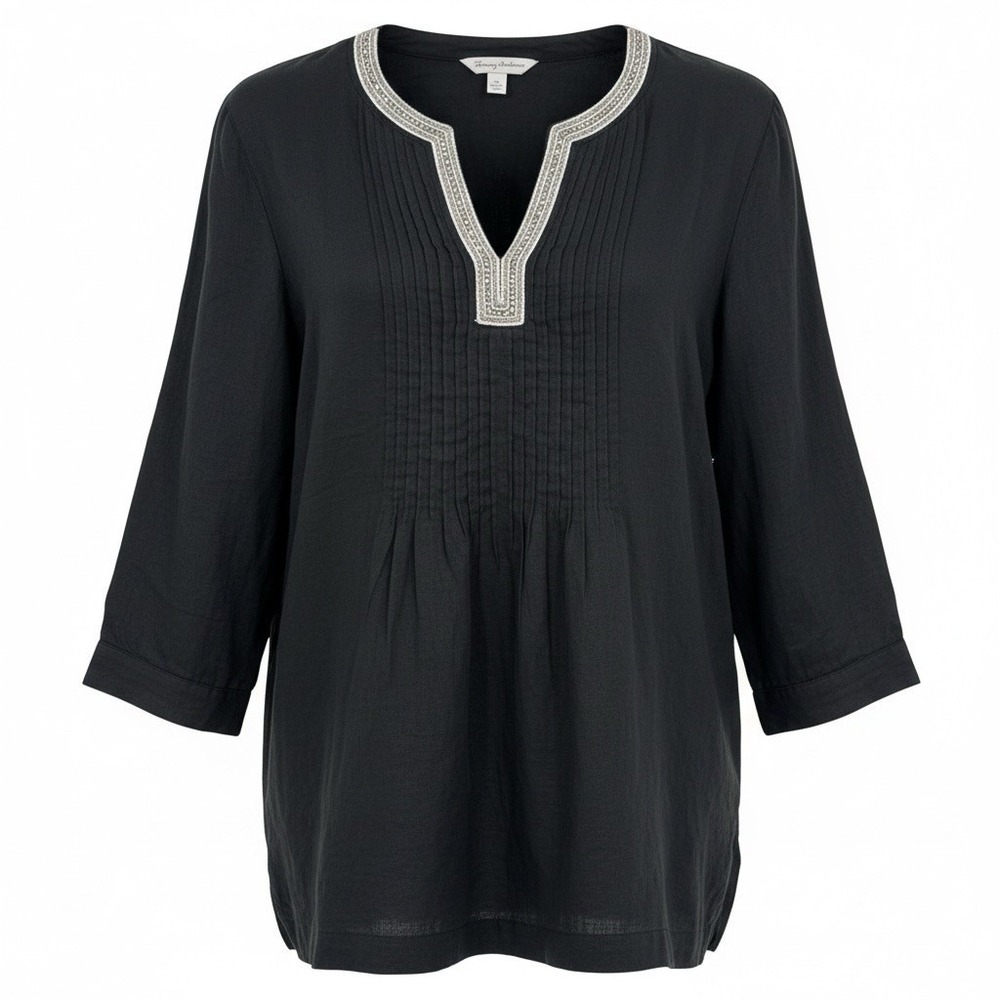 Tommy Bahama Luxe Linen Embellished‎ Tunic Black Women Size L NEW Peasant Hippie